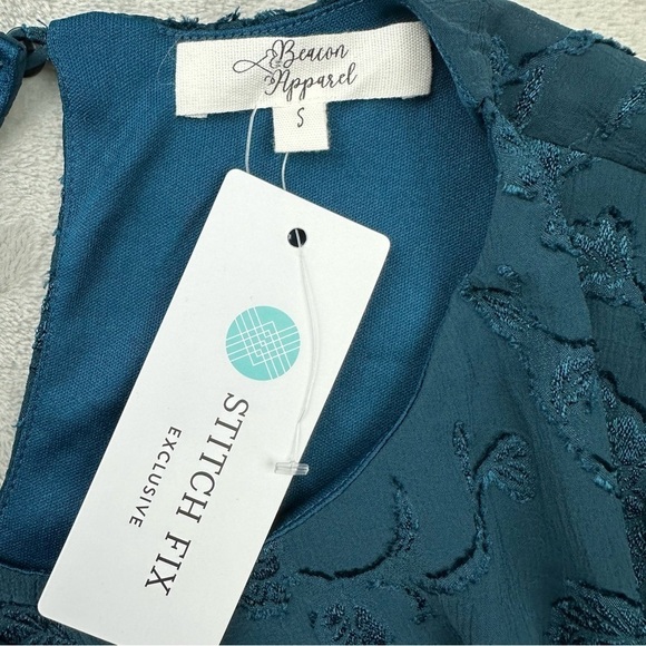 BEACON APPAREL women’s small jacquard layered puffy sleeve teal flowy blouse NWT - Picture 5 of 10
